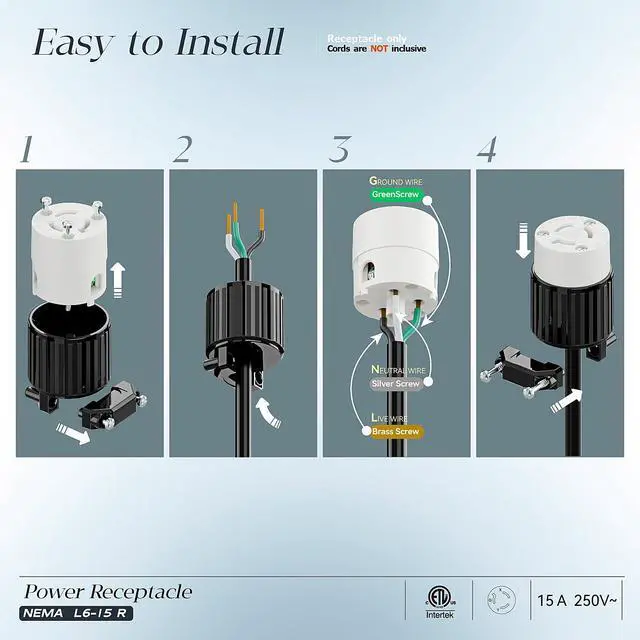 Alt view image 4 of 7 - (2Pack) NEMA L6-15R Locking Plug, (ETL Listed) Cord End Connector, Twist Lock L6-15 15Amp 250Volt Female AC Connector, Industrial Grade 15A 250V Replacement Socket PDL615R Black/White