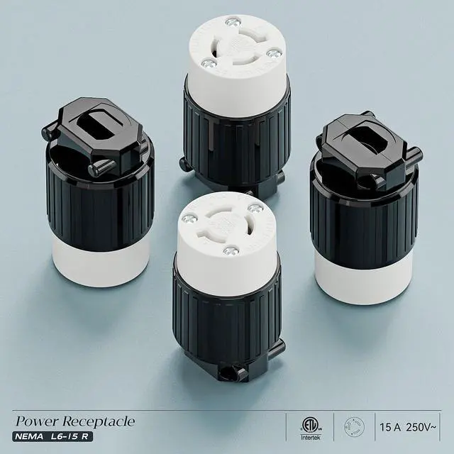Alt view image 6 of 7 - (2Pack) NEMA L6-15R Locking Plug, (ETL Listed) Cord End Connector, Twist Lock L6-15 15Amp 250Volt Female AC Connector, Industrial Grade 15A 250V Replacement Socket PDL615R Black/White