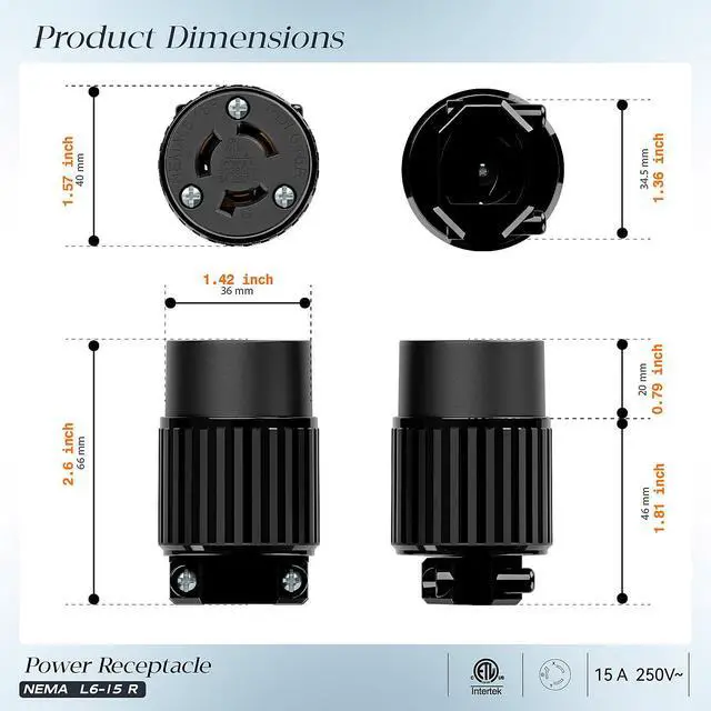 Alt view image 2 of 7 - (2PACK) NEMA L6-15R Locking Plug, (ETL Listed) Cord End Connector, Twist Lock L6-15 15Amp 250Volt Female AC Connector, Industrial Grade 15A 250V Replacement Socket PDL615R Black