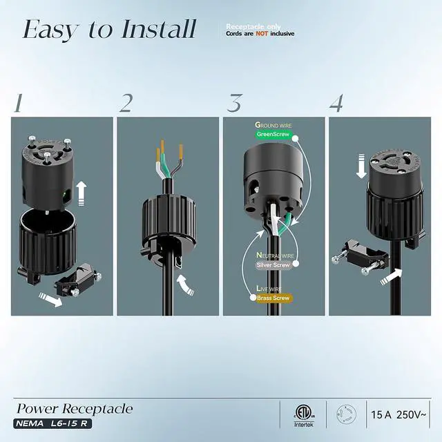 Alt view image 3 of 7 - (2PACK) NEMA L6-15R Locking Plug, (ETL Listed) Cord End Connector, Twist Lock L6-15 15Amp 250Volt Female AC Connector, Industrial Grade 15A 250V Replacement Socket PDL615R Black