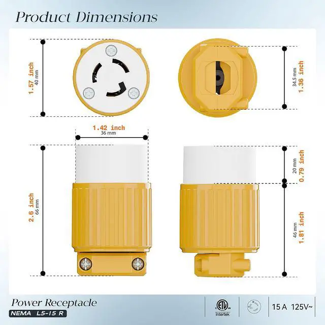 Alt view image 2 of 7 - NEMA L5-15R Locking Connector, Twist Lock Female 15Amp 125Volt Generator Socket, Industrial Grade Lock in Female 15A/125V Receptacle, ETL Listed Heavy Duty Socket for Generators Yellow