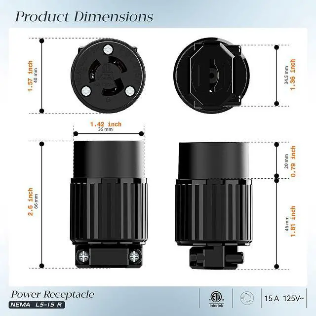 Alt view image 2 of 7 - NEMA L5-15R Locking Connector, Twist Lock Female 15Amp 125Volt Generator Socket, Industrial Grade Lock in Female 15A/125V Receptacle, ETL Listed Heavy Duty Socket for Generators Black
