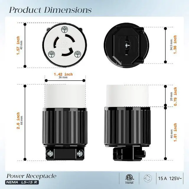 Alt view image 2 of 7 - NEMA L5-15R Locking Connector, Twist Lock Female 15Amp 125Volt Generator Socket, Industrial Grade Lock in Female 15A/125V Receptacle, ETL Listed Heavy Duty Socket for Generators Black/White Color