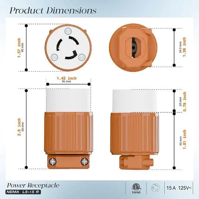 Alt view image 2 of 7 - NEMA L5-15R Locking Connector, Twist Lock Female 15Amp 125Volt Generator Socket, Industrial Grade Lock in Female 15A/125V Receptacle, ETL Listed Heavy Duty Socket for Generators Orange
