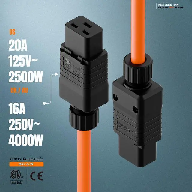 Alt view image 6 of 7 - (2PACK) IEC 320 C19 Plug, 20A/125V, (ETL Verified) 16A/250V UPS/PDU Replacement Cord End Connector, 20AMP 16AMP UPS Plugs, Black