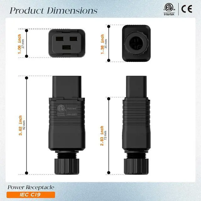 Alt view image 2 of 7 - (2PACK) IEC 320 C19 Plug, 20A/125V, (ETL Verified) 16A/250V UPS/PDU Replacement Cord End Connector, 20AMP 16AMP UPS Plugs, Black