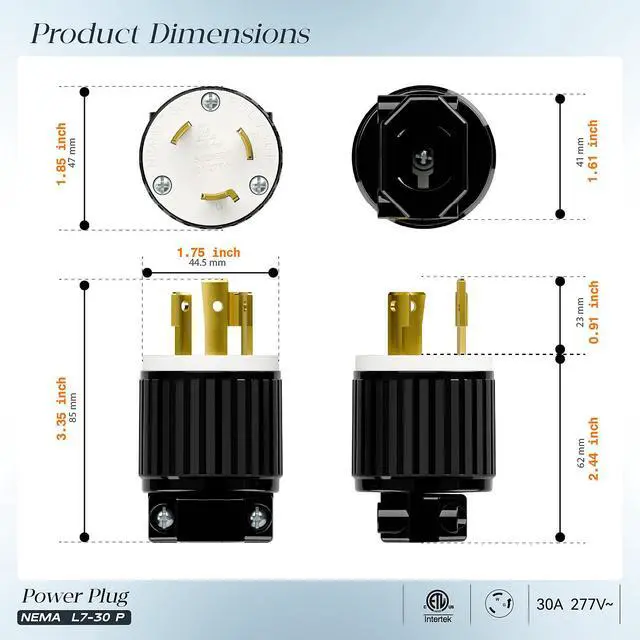 Alt view image 2 of 7 - 2PACK NEMA L7-30P Locking Plug, (ETL Listed) Cord End Connector, Twist Lock L7-30P 30Amp 277Volt Male AC Connector, Industrial Grade 30A 277V Replacement Plugs PDL730P Black/White