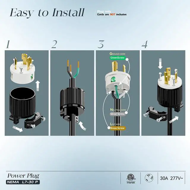 Alt view image 3 of 7 - 2PACK NEMA L7-30P Locking Plug, (ETL Listed) Cord End Connector, Twist Lock L7-30P 30Amp 277Volt Male AC Connector, Industrial Grade 30A 277V Replacement Plugs PDL730P Black/White