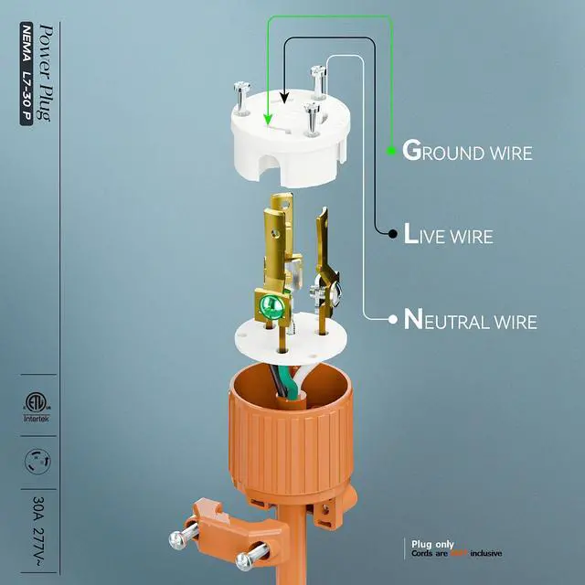 Alt view image 4 of 7 - NEMA L7-30P Locking Plug, (ETL Listed) Cord End Connector, Twist Lock L7-30P 30Amp 277Volt Male AC Connector, Industrial Grade 30A 277V Replacement Plugs PDL730P Orange
