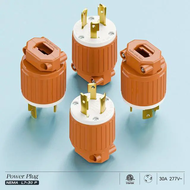 Alt view image 7 of 7 - NEMA L7-30P Locking Plug, (ETL Listed) Cord End Connector, Twist Lock L7-30P 30Amp 277Volt Male AC Connector, Industrial Grade 30A 277V Replacement Plugs PDL730P Orange
