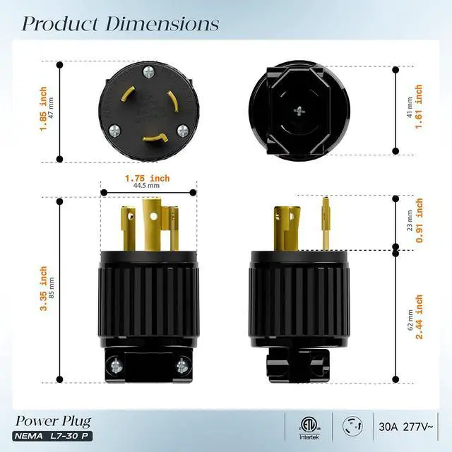 Alt view image 2 of 7 - NEMA L7-30P Locking Plug, (ETL Listed) Cord End Connector, Twist Lock L7-30P 30Amp 277Volt Male AC Connector, Industrial Grade 30A 277V Replacement Plugs PDL730P Black