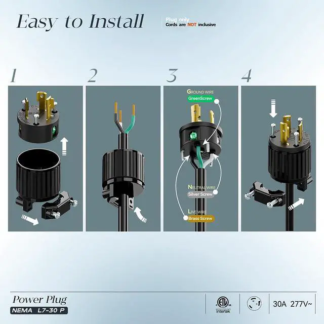 Alt view image 3 of 7 - NEMA L7-30P Locking Plug, (ETL Listed) Cord End Connector, Twist Lock L7-30P 30Amp 277Volt Male AC Connector, Industrial Grade 30A 277V Replacement Plugs PDL730P Black
