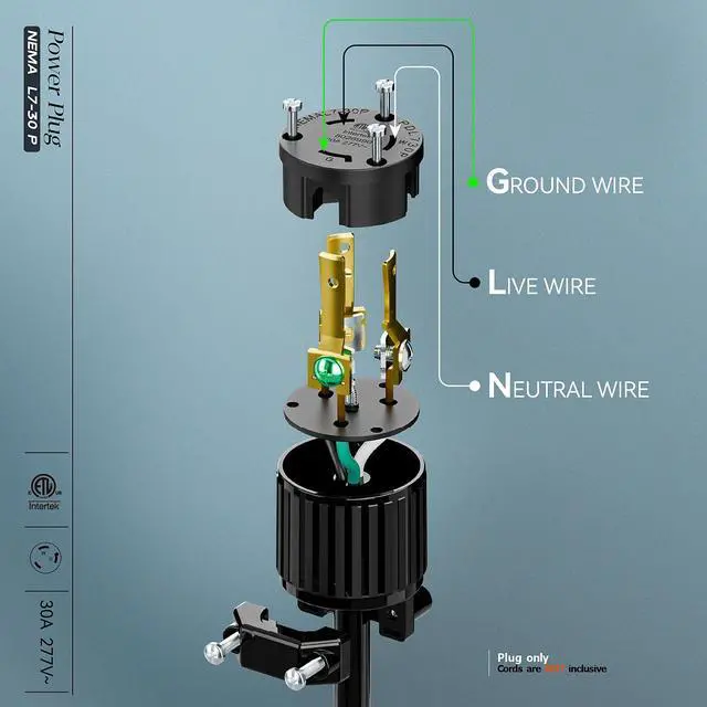 Alt view image 4 of 7 - NEMA L7-30P Locking Plug, (ETL Listed) Cord End Connector, Twist Lock L7-30P 30Amp 277Volt Male AC Connector, Industrial Grade 30A 277V Replacement Plugs PDL730P Black