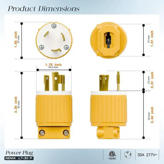 Alt view image 2 of 7 - 2PACK NEMA L7-30P Locking Plug, (ETL Listed) Cord End Connector, Twist Lock L7-30P 30Amp 277Volt Male AC Connector, Industrial Grade 30A 277V Replacement Plugs PDL730P Yellow