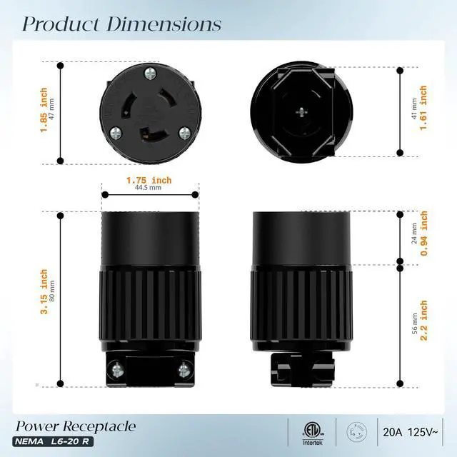 Alt view image 2 of 7 - (2PACK) NEMA L6-20R Locking Plug Receptacle, (ETL Listed) Twist Lock L6-20 20Amp 250Volt Female AC Connector, Industrial Grade Female Plugs 20A/250V, Heavy Duty Replacement Plug Outlet PDL620R Black