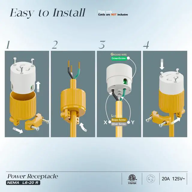 Alt view image 3 of 7 - NEMA L6-20R Locking Plug Receptacle, (ETL Listed) Twist Lock L6-20 20Amp 250Volt Female AC Connector, Industrial Grade Female Plugs 20A/250V, Replacement Plug Outlet PDL620R Yellow