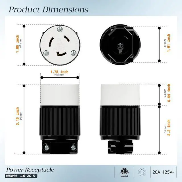Alt view image 2 of 7 - NEMA L6-20R Locking Plug Receptacle, (ETL Listed) Twist Lock L6-20 20Amp 250Volt Female AC Connector, Industrial Grade Female Plugs 20A/250V, Heavy Duty Replacement Plug Outlet PDL620R Black/White