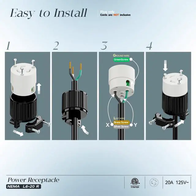 Alt view image 3 of 7 - NEMA L6-20R Locking Plug Receptacle, (ETL Listed) Twist Lock L6-20 20Amp 250Volt Female AC Connector, Industrial Grade Female Plugs 20A/250V, Heavy Duty Replacement Plug Outlet PDL620R Black/White