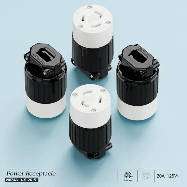 Alt view image 7 of 7 - NEMA L6-20R Locking Plug Receptacle, (ETL Listed) Twist Lock L6-20 20Amp 250Volt Female AC Connector, Industrial Grade Female Plugs 20A/250V, Heavy Duty Replacement Plug Outlet PDL620R Black/White