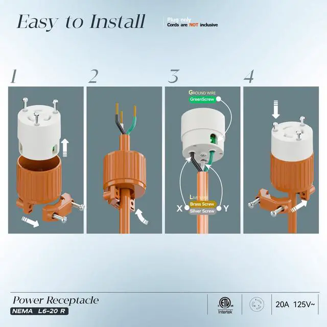 Alt view image 3 of 7 - (2PACK) NEMA L6-20R Locking Plug Receptacle, (ETL Listed) Twist Lock L6-20 20Amp 250Volt Female AC Connector, Industrial Grade Female Plugs 20A/250V, Replacement Plug Outlet PDL620R Orange