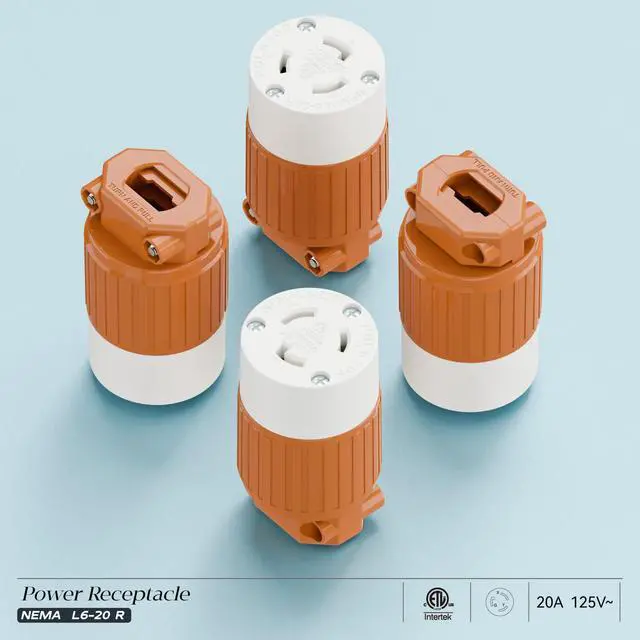 Alt view image 7 of 7 - (2PACK) NEMA L6-20R Locking Plug Receptacle, (ETL Listed) Twist Lock L6-20 20Amp 250Volt Female AC Connector, Industrial Grade Female Plugs 20A/250V, Replacement Plug Outlet PDL620R Orange