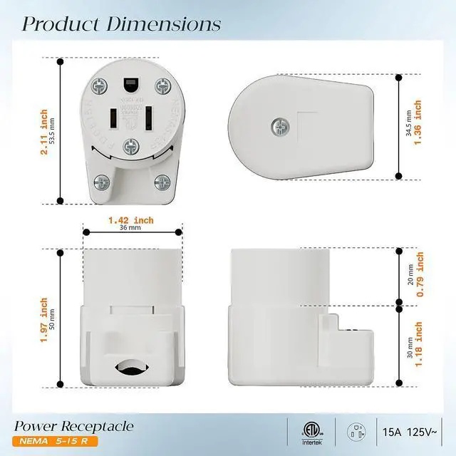 Alt view image 2 of 7 - NEMA 5-15R/5-15C Female Socket, Right Angle 5-15R Connector ETL Listed 15AMP/125VOLT,15A DIY Receptacle, USA Canada 3-Prong,15A Household AC Industrial Grade Cord End Socket White