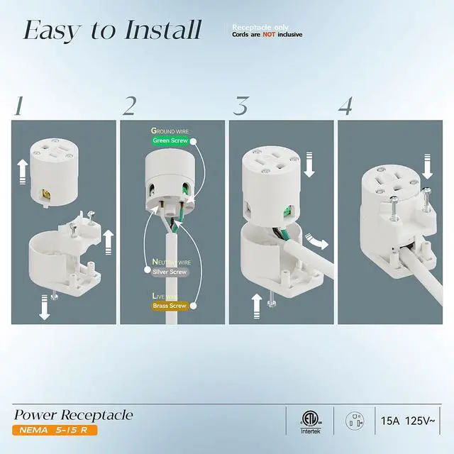 Alt view image 3 of 7 - NEMA 5-15R/5-15C Female Socket, Right Angle 5-15R Connector ETL Listed 15AMP/125VOLT,15A DIY Receptacle, USA Canada 3-Prong,15A Household AC Industrial Grade Cord End Socket White