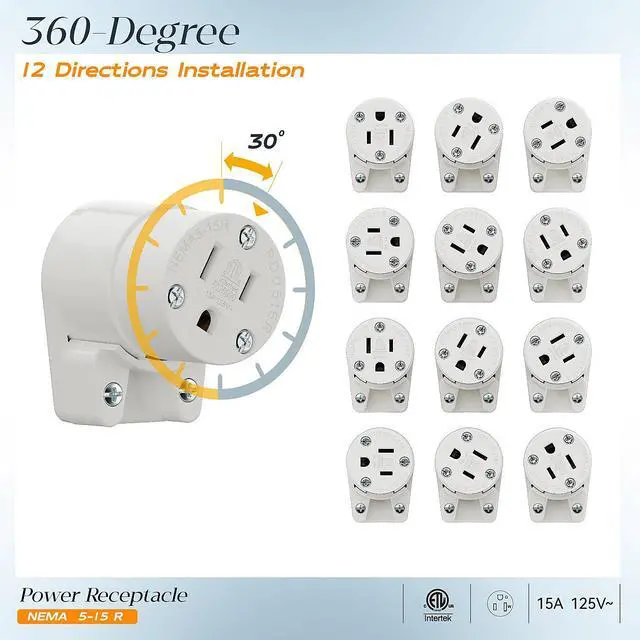 Alt view image 5 of 7 - NEMA 5-15R/5-15C Female Socket, Right Angle 5-15R Connector ETL Listed 15AMP/125VOLT,15A DIY Receptacle, USA Canada 3-Prong,15A Household AC Industrial Grade Cord End Socket White