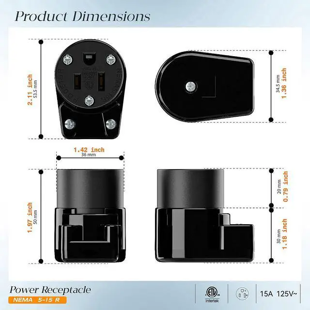 Alt view image 2 of 7 - NEMA 5-15R/5-15C Female Socket, Right Angle 5-15R Connector ETL Listed 15AMP/125VOLT,15A DIY Receptacle, USA Canada 3-Prong,15A Household AC Industrial Grade Cord End Socket Full Black