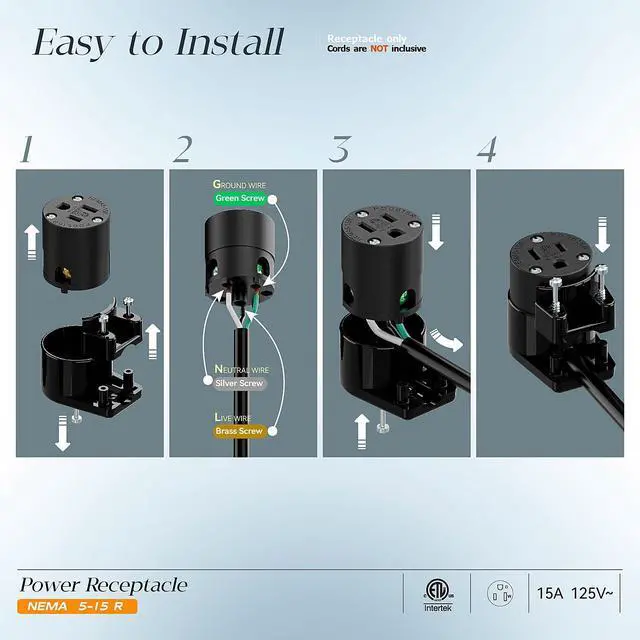 Alt view image 3 of 7 - NEMA 5-15R/5-15C Female Socket, Right Angle 5-15R Connector ETL Listed 15AMP/125VOLT,15A DIY Receptacle, USA Canada 3-Prong,15A Household AC Industrial Grade Cord End Socket Full Black