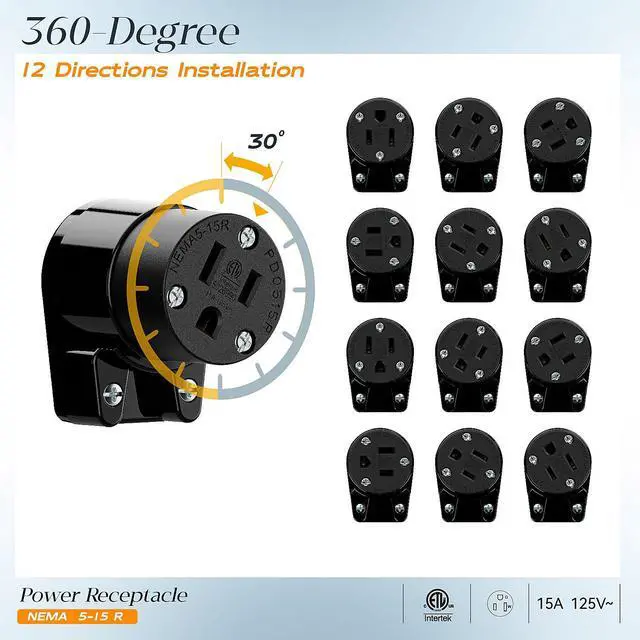 Alt view image 6 of 7 - NEMA 5-15R/5-15C Female Socket, Right Angle 5-15R Connector ETL Listed 15AMP/125VOLT,15A DIY Receptacle, USA Canada 3-Prong,15A Household AC Industrial Grade Cord End Socket Full Black