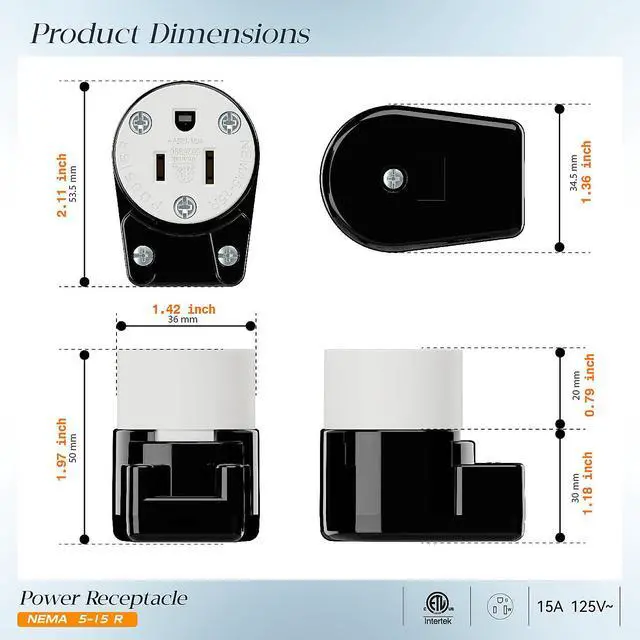 Alt view image 2 of 7 - Nema 5-15R/5-15C Female Socket, Right Angle 5-15R Connector ETL Listed 15AMP/125VOLT,15A DIY Receptacle, USA Canada 3-Prong,15A Household AC Industrial Grade Cord End Socket Black/White