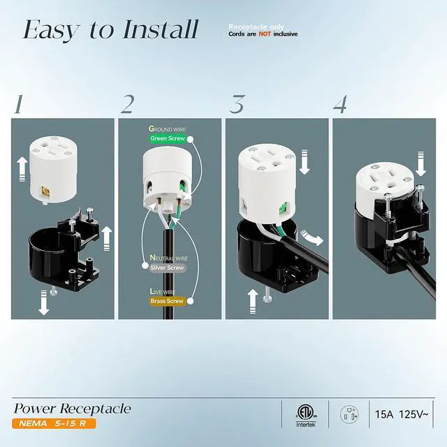 Alt view image 4 of 7 - Nema 5-15R/5-15C Female Socket, Right Angle 5-15R Connector ETL Listed 15AMP/125VOLT,15A DIY Receptacle, USA Canada 3-Prong,15A Household AC Industrial Grade Cord End Socket Black/White