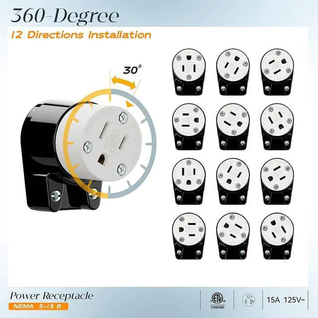 Alt view image 7 of 7 - Nema 5-15R/5-15C Female Socket, Right Angle 5-15R Connector ETL Listed 15AMP/125VOLT,15A DIY Receptacle, USA Canada 3-Prong,15A Household AC Industrial Grade Cord End Socket Black/White