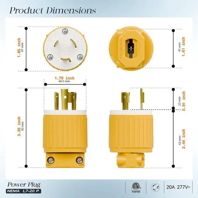 Alt view image 2 of 7 - NEMA L7-20P Locking Plug, (ETL Listed) Cord End Connector, Twist Lock L7-20 20Amp 277Volt Male AC Connector, Industrial Grade 20A 277V Replacement Plugs PDL720P Yellow