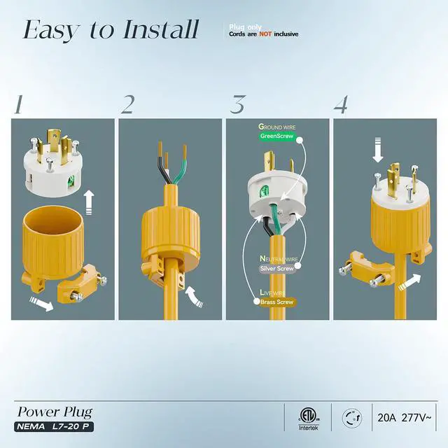 Alt view image 3 of 7 - NEMA L7-20P Locking Plug, (ETL Listed) Cord End Connector, Twist Lock L7-20 20Amp 277Volt Male AC Connector, Industrial Grade 20A 277V Replacement Plugs PDL720P Yellow