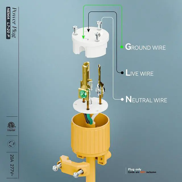 Alt view image 4 of 7 - NEMA L7-20P Locking Plug, (ETL Listed) Cord End Connector, Twist Lock L7-20 20Amp 277Volt Male AC Connector, Industrial Grade 20A 277V Replacement Plugs PDL720P Yellow