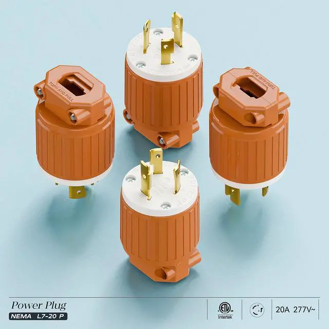 Alt view image 7 of 7 - NEMA L7-20P Locking Plug, (ETL Listed) Cord End Connector, Twist Lock L7-20 20Amp 277Volt Male AC Connector, Industrial Grade 20A 277V Replacement Plugs PDL720P Orange