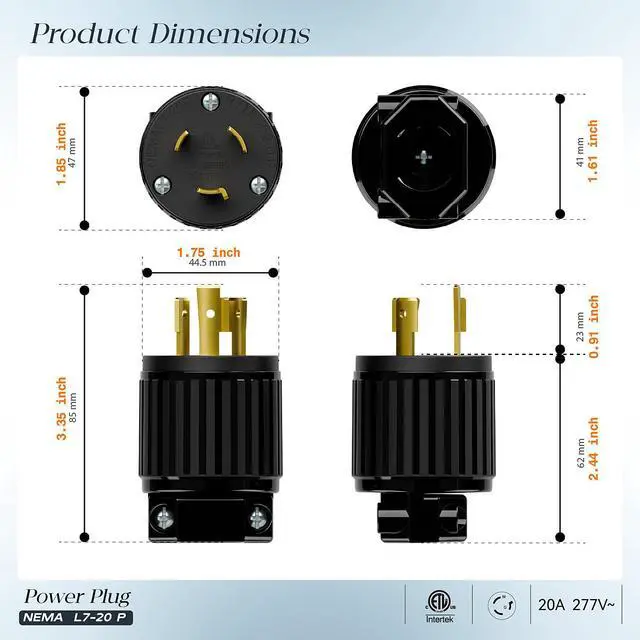 Alt view image 2 of 7 - (2PACK) NEMA L7-20P Locking Plug, (ETL Listed) Cord End Connector, Twist Lock L7-20 20Amp 277Volt Male AC Connector, Industrial Grade 20A 277V Replacement Plugs PDL720P Black