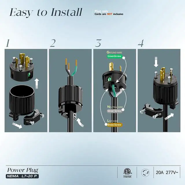 Alt view image 3 of 7 - (2PACK) NEMA L7-20P Locking Plug, (ETL Listed) Cord End Connector, Twist Lock L7-20 20Amp 277Volt Male AC Connector, Industrial Grade 20A 277V Replacement Plugs PDL720P Black