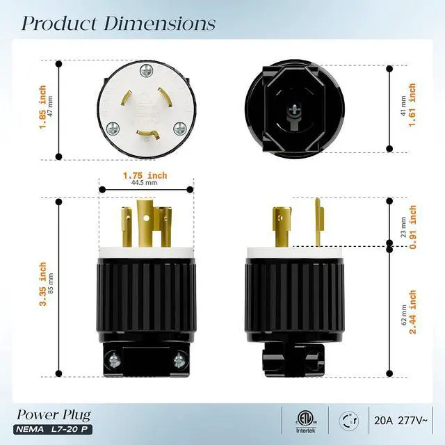 Alt view image 2 of 7 - NEMA L7-20P Locking Plug, (ETL Listed) Cord End Connector, Twist Lock L7-20 20Amp 277Volt Male AC Connector, Industrial Grade 20A 277V Replacement Plugs PDL720P Black/White