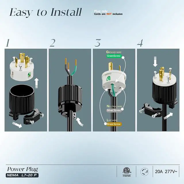 Alt view image 3 of 7 - NEMA L7-20P Locking Plug, (ETL Listed) Cord End Connector, Twist Lock L7-20 20Amp 277Volt Male AC Connector, Industrial Grade 20A 277V Replacement Plugs PDL720P Black/White