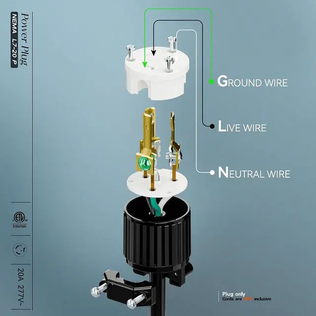 Alt view image 4 of 7 - NEMA L7-20P Locking Plug, (ETL Listed) Cord End Connector, Twist Lock L7-20 20Amp 277Volt Male AC Connector, Industrial Grade 20A 277V Replacement Plugs PDL720P Black/White