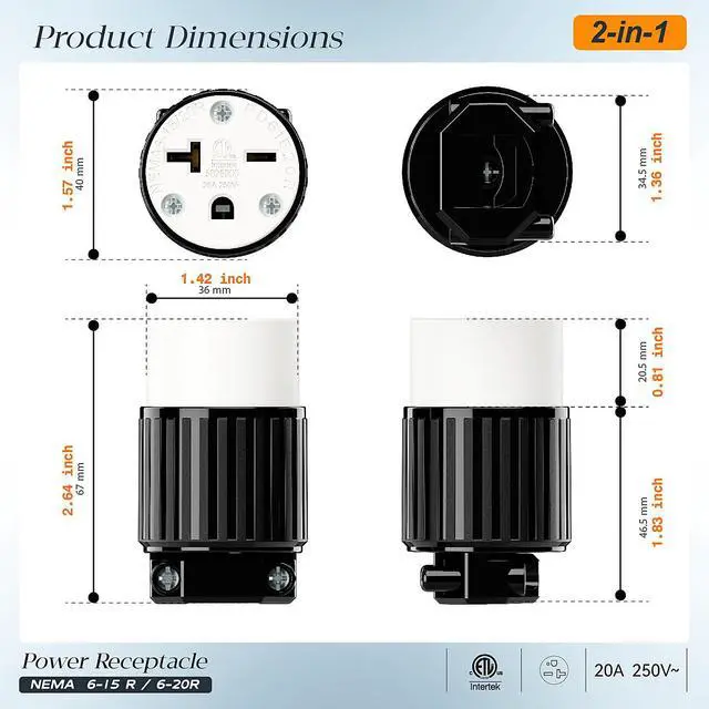 Alt view image 2 of 7 - NEMA 6-20R Female Socket,20Amp/250Volt, NEMA 6-15R 15A/250V ETL Listed Heavy Duty 3-Prong Female Straight Blade Connector, 15/20Amp 250V AC Industrial Grade Cord End Socket, Black/White