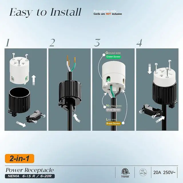 Alt view image 3 of 7 - NEMA 6-20R Female Socket,20Amp/250Volt, NEMA 6-15R 15A/250V ETL Listed Heavy Duty 3-Prong Female Straight Blade Connector, 15/20Amp 250V AC Industrial Grade Cord End Socket, Black/White