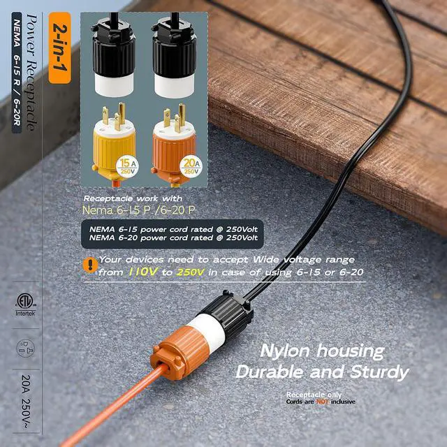 Alt view image 6 of 7 - NEMA 6-20R Female Socket,20Amp/250Volt, NEMA 6-15R 15A/250V ETL Listed Heavy Duty 3-Prong Female Straight Blade Connector, 15/20Amp 250V AC Industrial Grade Cord End Socket, Black/White