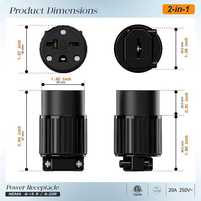 Alt view image 2 of 7 - (2PACK) NEMA 6-20R Female Socket,20Amp/250Volt, NEMA 6-15R 15A/250V ETL Listed Heavy Duty 3-Prong Female Straight Blade Connector, 15/20Amp 250V AC Industrial Grade Cord End Socket, Black