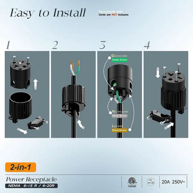 Alt view image 3 of 7 - (2PACK) NEMA 6-20R Female Socket,20Amp/250Volt, NEMA 6-15R 15A/250V ETL Listed Heavy Duty 3-Prong Female Straight Blade Connector, 15/20Amp 250V AC Industrial Grade Cord End Socket, Black