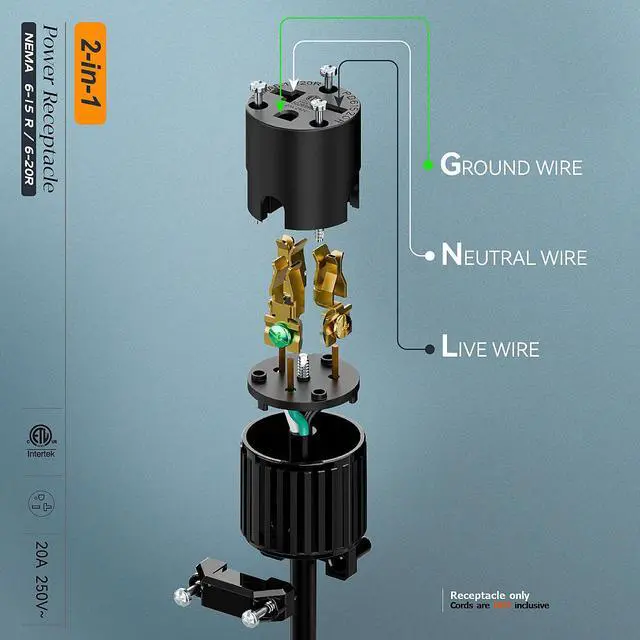 Alt view image 4 of 7 - (2PACK) NEMA 6-20R Female Socket,20Amp/250Volt, NEMA 6-15R 15A/250V ETL Listed Heavy Duty 3-Prong Female Straight Blade Connector, 15/20Amp 250V AC Industrial Grade Cord End Socket, Black