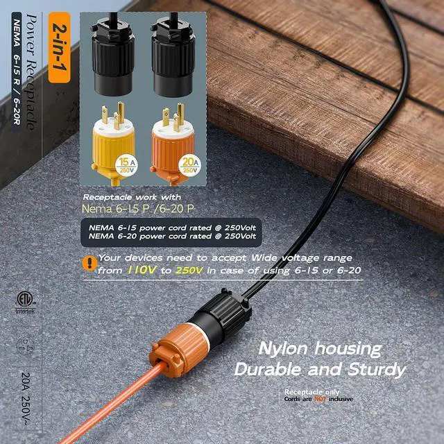 Alt view image 6 of 7 - (2PACK) NEMA 6-20R Female Socket,20Amp/250Volt, NEMA 6-15R 15A/250V ETL Listed Heavy Duty 3-Prong Female Straight Blade Connector, 15/20Amp 250V AC Industrial Grade Cord End Socket, Black